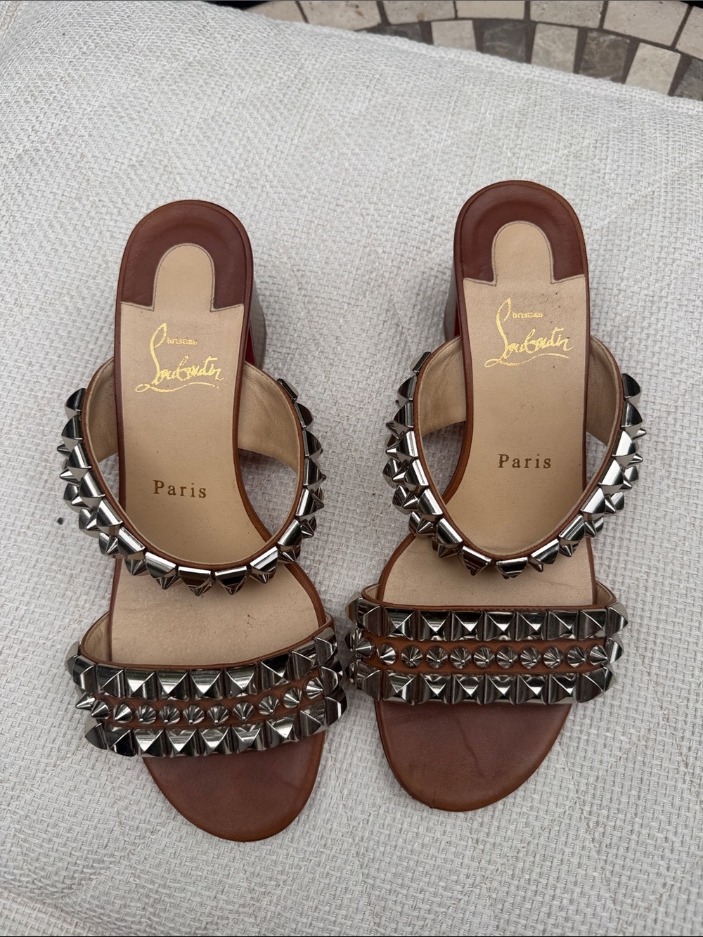 Christian Louboutin Brown Leather Studded Double-Strap Mules - Picture 5 of 5